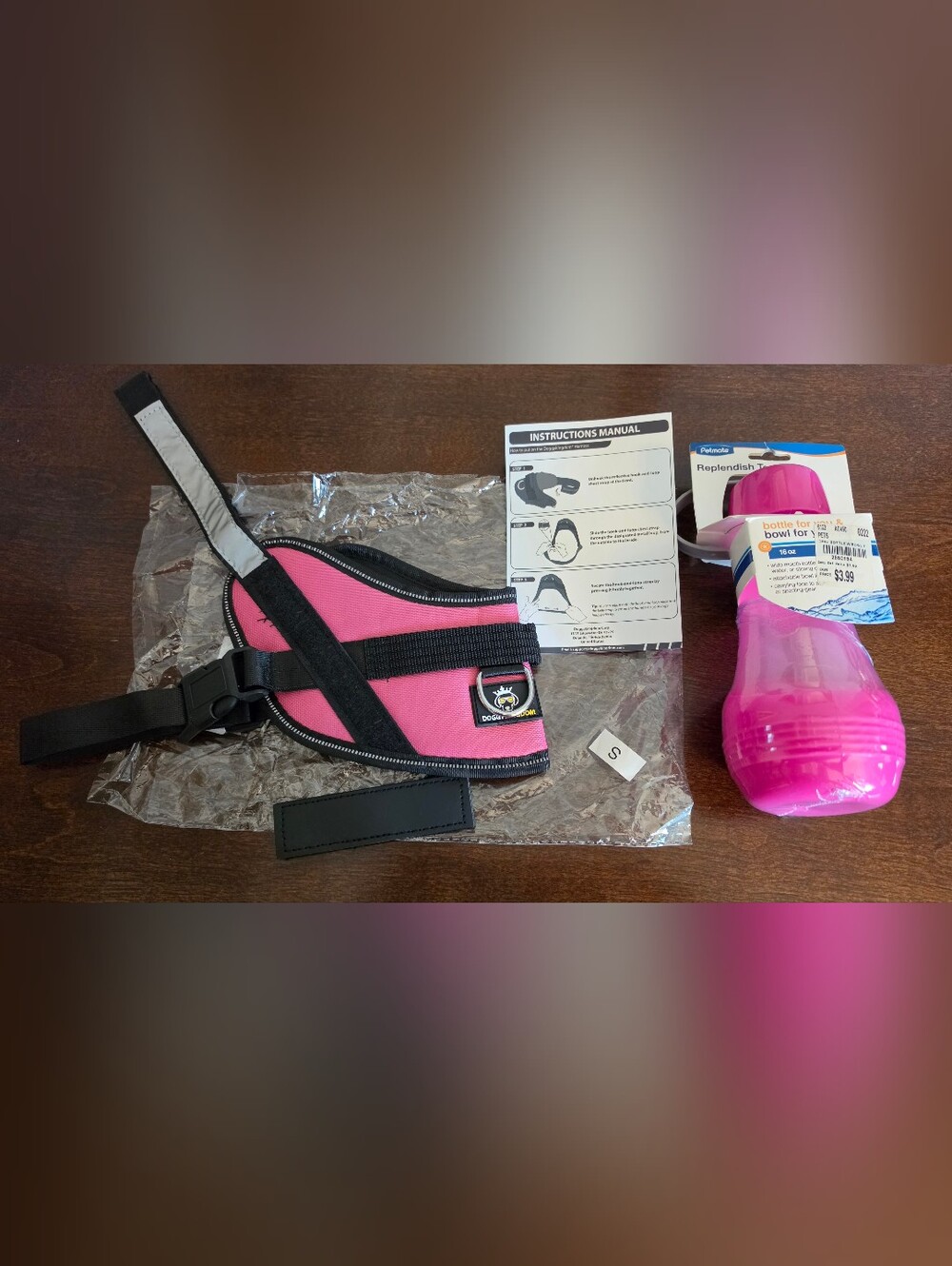 Pink Dog Harness with Travel Water Bottle